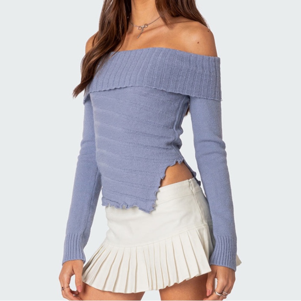 NEVER WORN Edikted Sonya Fold Over Knit Top in Blue